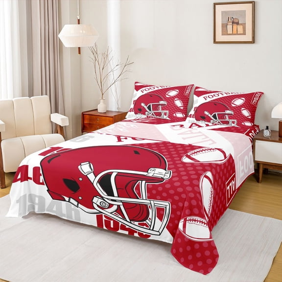 Manfei Rugby Sport Twin Sheet Sets,Football Sport Helmet Twin Fitted Sheet,Red White Flat Sheet For Boy,Microfiber Bedroom Decor,3-Piece