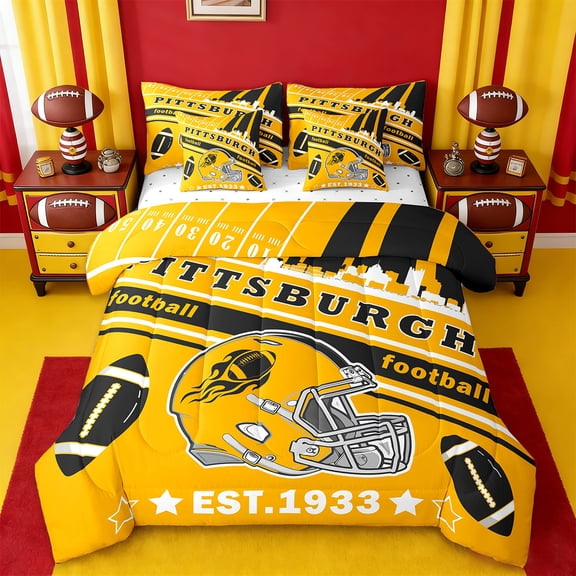 Manfei Rugby Theme Bedding Comforter Set 7-Piece,Football City King Bedding Sets,Pittsburgh Bed Sheets,Super Cozy Room Decor Reversible