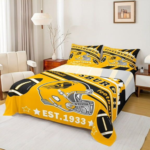 Manfei Rugby Theme Queen Sheet Sets,Football City Flat Sheet,Pittsburgh Queen Fitted Sheet,Super Cozy Room Decor,4pcs