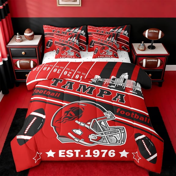 Manfei Rugby Theme Twin Bedding Sets 7pcs,Football City Bedding Comforter Set 7pcs,Tampa Sheet Sets,Super Cozy Room Decor Reversible