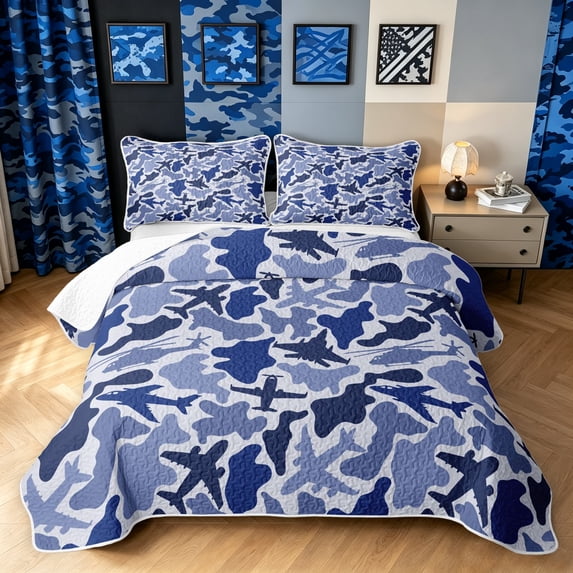 Manfei Rustic Airplane Camo Quilt Full, Mid Century Vehicle Full Bedspread Sets, Navy Blue, 3pcs, 1 Coverlet and 2 Pillowcases