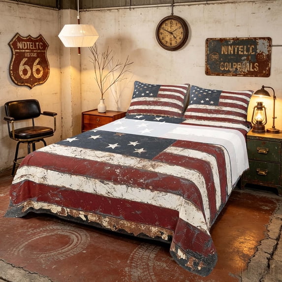 Manfei Rustic American Flag Bed Sheets, Vintage Farmhouse Full Size Sheets, Red White Blue, Black Reversible 4pcs (1 Flat Sheet, 1 Fitted Sheet and 2 Pillowcases)