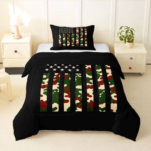 Manfei Rustic American Flag Twin Comforter Sets,Retro Camo Bedding Set,Black Reversible,2-Piece,1 Comforter and 1 Pillowcase