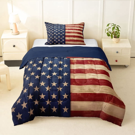 Manfei Rustic American Flag Twin Comforter Sets,Vintage Stars Stripes Bedding Set,Red Blue Brown,Navy Blue Reversible,2 Pieces,1 Comforter and 1 Pillowcase