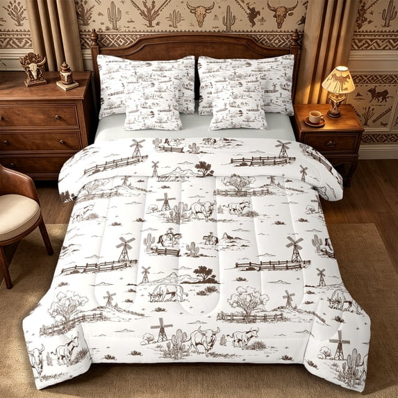 Manfei Rustic Animal Bull Queen Bedding 7pcs,Western Farm Cowboy Bedding Comforter Set Queen,Cream Beige Brown