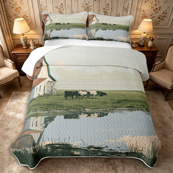 Manfei Rustic Animal Cow Twin Quilt Set 2 Pieces,Vintage Countryside Cabin Twin Coverlet Set,Green White,1 Bedspread and 1 Pillowcase