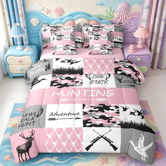 Manfei Rustic Animal Mallard 7-Piece King Bedding,Farmhouse Wild Duck King Bed in a Bag,Pink Reversible
