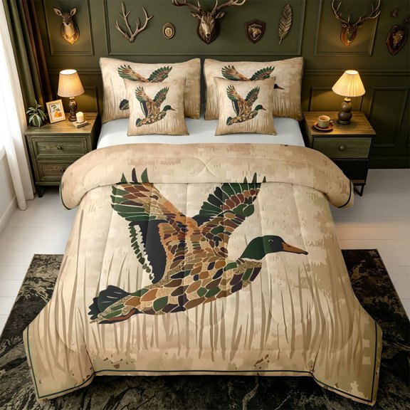 Manfei Rustic Animal Mallard 7-Piece Twin Bedding,Farmhouse Bird Bedding Comforter Set,Light Gray Reversible