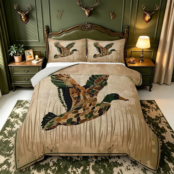 Manfei Rustic Animal Mallard Full Size Comforter Sets,Farmhouse Bird Bedding Comforter Set,Light Gray Reversible,3 Pieces,1 Comforter and 2 Pillowcases