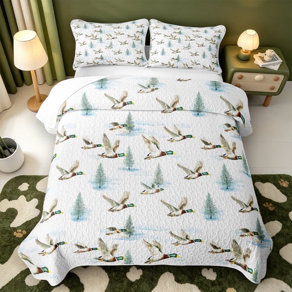 Manfei Rustic Animal Mallard Quilt King,Farmhouse Duck King Coverlet Set,3pcs,1 Bedspread and 2 Pillowcases