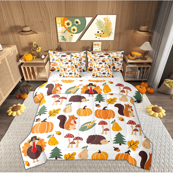 Manfei Rustic Animals Bedding Full Size, Harvest Turkey Bedding Sets Full Size, Autumn Fall Pumpkin Reversible Comforter Sets with Sheets, Breathable Room Decor, 7 Pieces