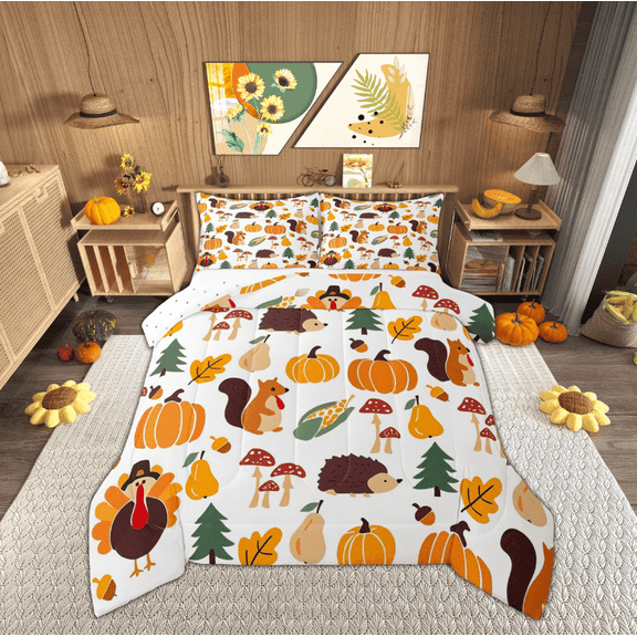 Manfei Rustic Animals Comforter Sets Full Size, Harvest Turkey Comforters & Duvets, Autumn Fall Pumpkin Reversible Bedding Full Comforter Set, Breathable Room Decor, 3 Pieces