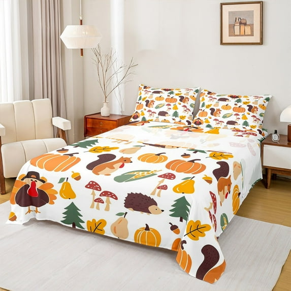 Manfei Rustic Animals Queen Sheet Sets, Harvest Turkey Sheet Set Queen, Autumn Fall Pumpkin Bed Sheets Set Queen Size, Breathable Room Decor, 4 Pieces