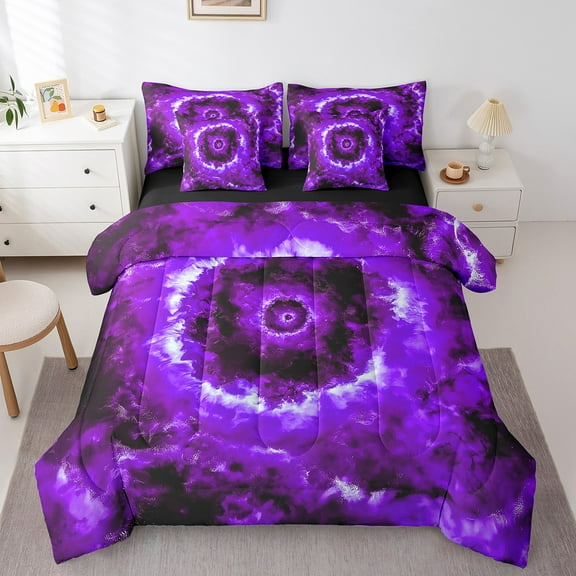 Manfei Rustic Artistic Bed in a Bag King Size,bohemian Swirl Pattern Bed Set,Purple Black Bedding King Size,Ultra Soft Bedroom Decoration Reversible,7 Pieces