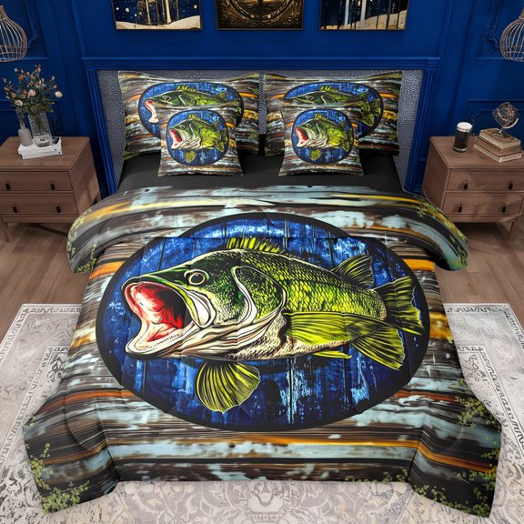 Manfei Rustic Bass Fish Bedding Comforter Set 7 Pieces for Men, Rustic Wooden Plank Full Bedding Set, Western Countryside Reversible Fitted Sheet Flat Sheet, Microfiber Bedroom Decor