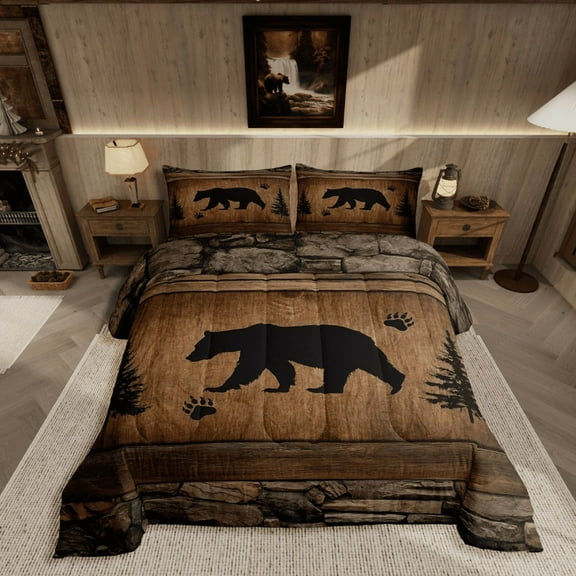Manfei Rustic Bear 2pcs Bedding Comforter Set Twin Size,Wildlife Hunting Theme Quilt Set,Wildlife Animal Bedding Set for Kids Boys Teens Room Decor,Wooden Board Duvet Insert
