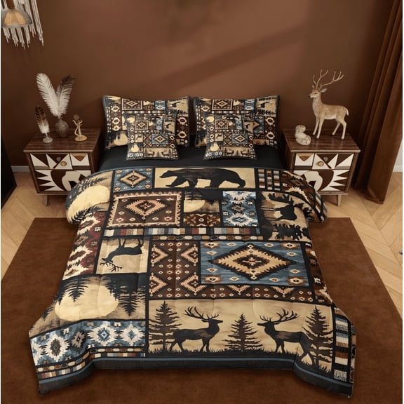 Manfei Rustic Bear 7-Piece Twin Bedding Sets,Buffalo Plaid Grid Hunting Deer Farmhouse Cabin Retro Southwest Aztec Tribal Bedding Comforter Set Reversible