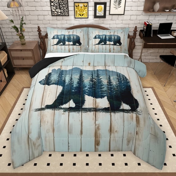 Manfei Rustic Bear Animal Bedding Comforter Set for Men, Farmhouse Wooden Plank Twin Comforter Sets, Jungle Wildlife Reversible Bedding Set, Luxury Bedroom Decor, 2 Pieces