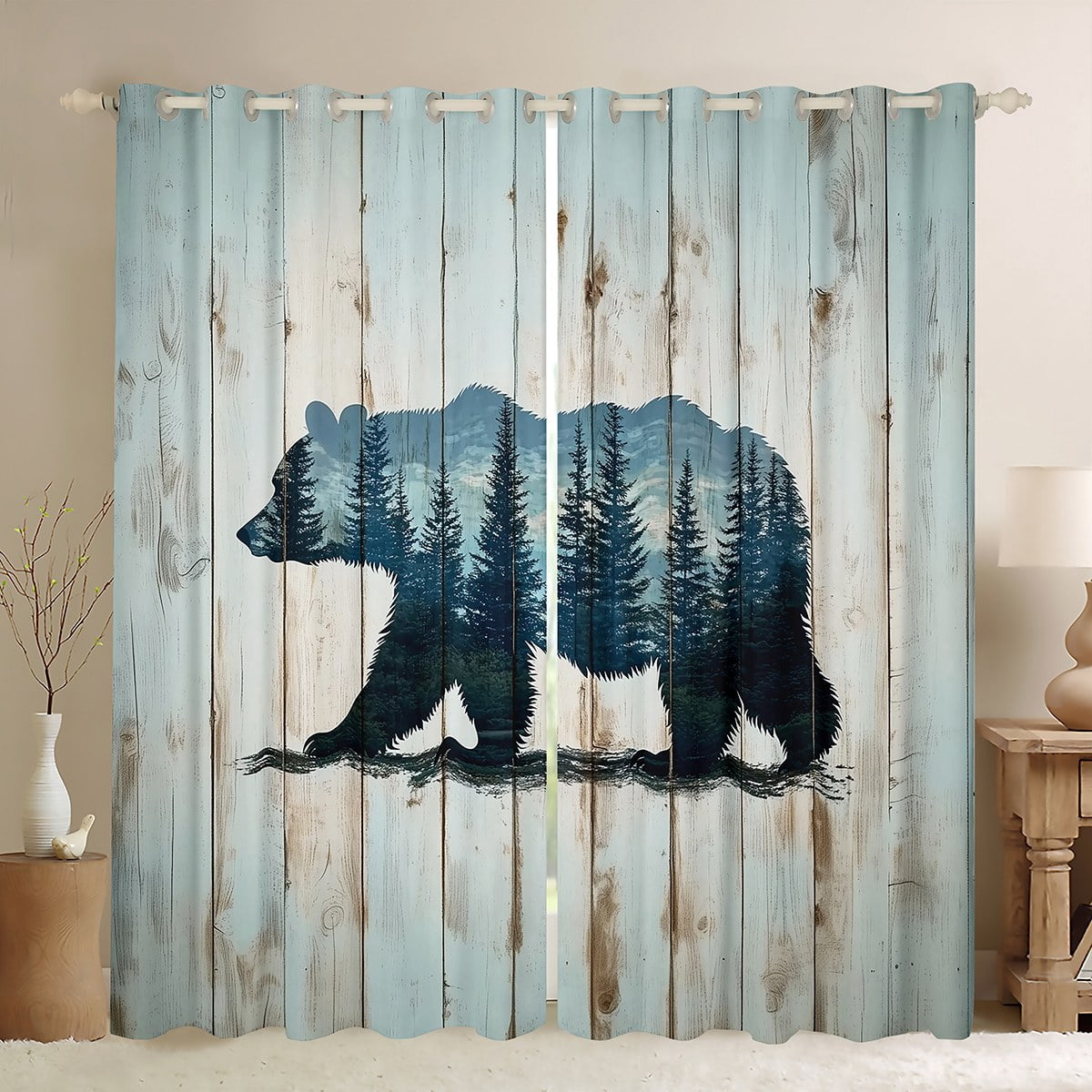 Manfei Rustic Bear Animal Black Out Curtains for Men, Farmhouse Wooden ...