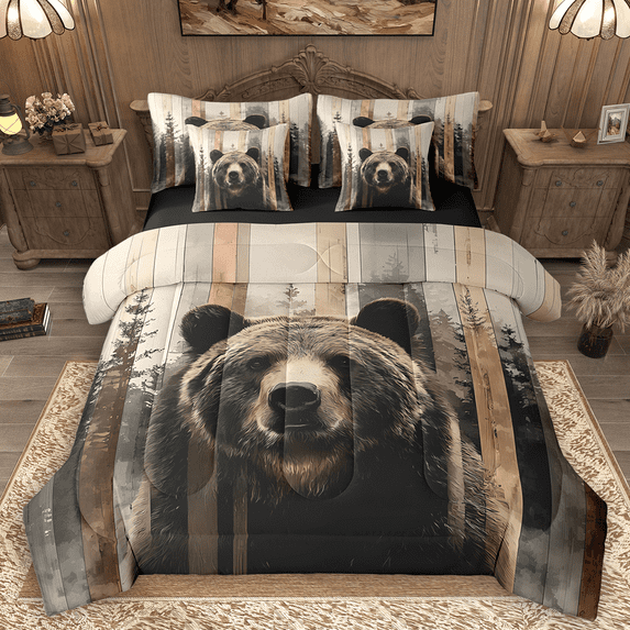 Manfei Rustic Bear Bedding Comforter Set 7 Pieces, Vintage Farmhouse Queen Bedding Sets, Wild Jungle Animal Queen Sheet Sets, Lightweight Room Decor