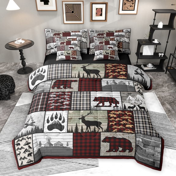 Homewish Rustic Bear Deer Twin Bedding Sets 7-Piece for Men, Jungle Hunting Bedding Comforter Set, Vintage Grey Red Patchwork Reversible Sheet Sets, Lightweight Room Decor