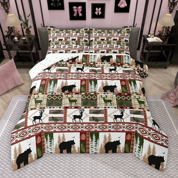 Manfei Rustic Bear Elk Deer Bedding Comforter Set, Western Bohemian Aztec Twin Comforter Sets, Country Animal Reversible Bedding Set, Breathable Home Decor, 2-Piece