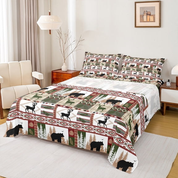 Manfei Rustic Bear Elk Deer Twin Sheet Sets, Western Bohemian Aztec Twin Fitted Sheet, Country Animal Flat Sheet, Breathable Home Decor, 3-Piece