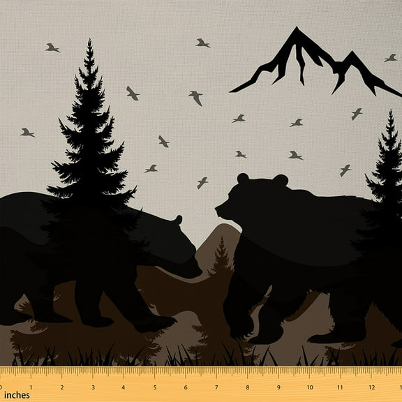 Manfei Rustic Bear Fabric by the Yard (1 Yard), Animal Wildlife Theme Decorative Fabric by the Yard, Natural Pine Tree Mountain Sewing & Crafting Fabric