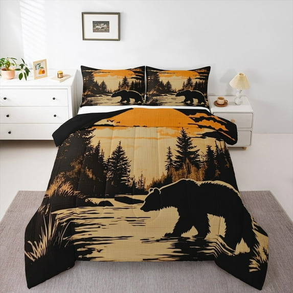 Manfei Rustic Bear Full Size Comforter Sets for Kid, Vintage Farmhouse Cabin Bedding Comforter Set, Wildlife Animal Reversible Bedding Sets, Luxury Bedroom Decor, 3 Pieces