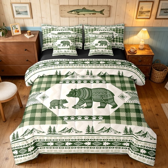 Manfei Rustic Bear King Bedding, Farmhouse Country Buffalo King Bed in a Bag, Tan Sage, Black Reversible, 7 Pieces