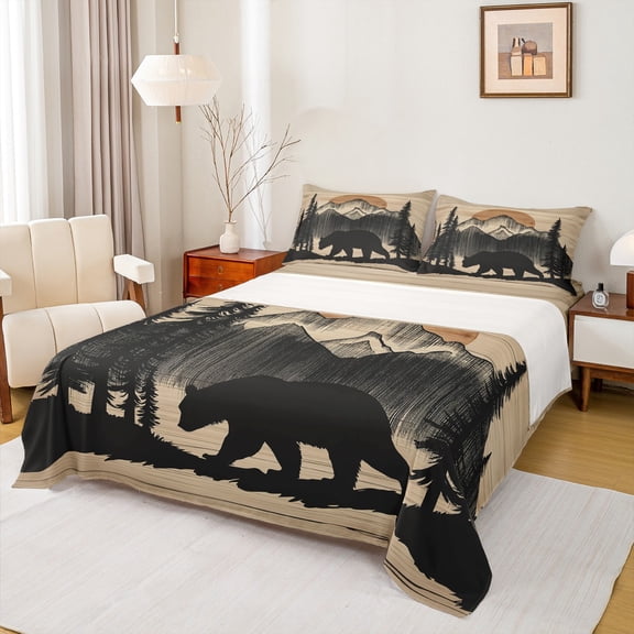Manfei Rustic Bear Print Bed Sheets, Jungle Wildlife King Sheets, Farmhouse Tree Botanical Sheet Set, Breathable Home Decor, 4pcs