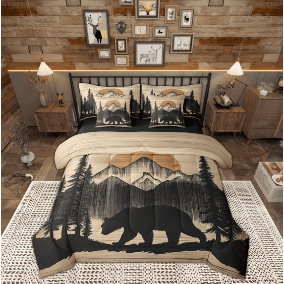 Manfei Rustic Bear Print Bedding Comforter Set 7pcs, Jungle Wildlife Queen Bedding Sets, Farmhouse Tree Botanical Reversible Queen Sheet Sets, Breathable Home Decor
