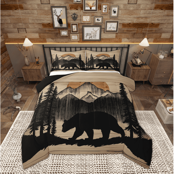 Manfei Rustic Bear Print Queen Comforter Set, Jungle Wildlife Bedding Comforter Set, Farmhouse Tree Botanical Reversible Bedding Set, Breathable Home Decor, 3pcs