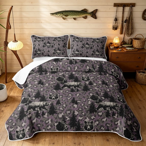 Manfei Rustic Bear Quilt King, Fashion Leopard Print King Coverlet Set, Gray Black, Gray Reversible, 3pcs, 1 Bedspread and 2 Pillowcases