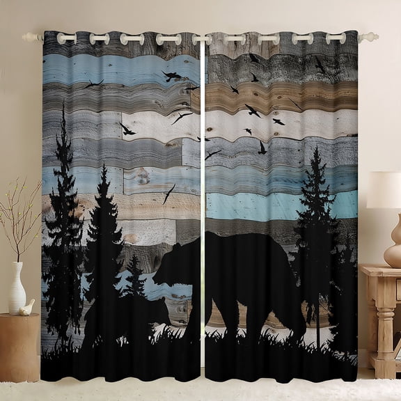 Manfei Rustic Bear Silhouette Black Out Curtains, Teal Old Barn Door Curtains Pack of 2 (42x63 Each), Botanical Pine Tree Bedroom Curtains, Luxury Bedroom Decor