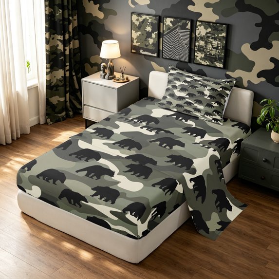 Manfei Rustic Bear Twin Sheets, Vintage Farmhouse Camouflage Bedding, Dark Green, 3pcs, 1 Flat Sheet, 1 Fitted Sheet and 1 Pillowcase