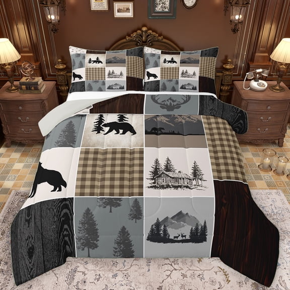Manfei Rustic Bear Wolf Bedding Comforter Set, Farmhouse Woodland Wildlife Twin Comforter Sets, Countryside Theme Reversible Bedding Set, Microfiber Bedroom Decor, 2pcs