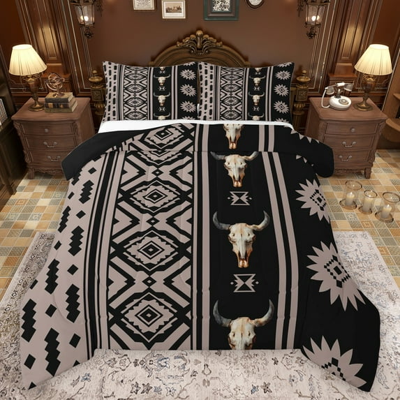 Manfei Rustic Boho Aztec Full Size Comforter Sets,Country Bull Skull Bedding Comforter Set,Western Co0Wboy Tribal Bedding Sets For Boys Kids,Super Cozy Room Decor Reversible,3-Piece