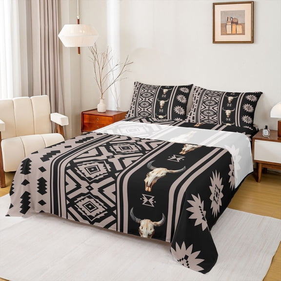 Manfei Rustic Boho Aztec Twin Sheet Sets,Country Bull Skull Twin Fitted Sheet,Western Co0Wboy Tribal Flat Sheet For Boys Kids,Super Cozy Room Decor,3pcs