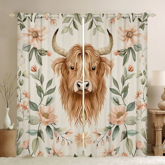 Manfei Rustic Brown Cow Blackout Curtains Set of 2 (52x84 Each), Farmhouse Flower Botanical Window Curtains, Countryside Curtains and Drapes, Curtains and Drapes Home Decor