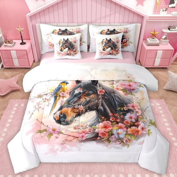 Manfei Rustic Brown Horse Bedding Comforter Set 7pcs, Jungle Horse Animal King Bedding Sets, Pink Blossoms Flower Floral Reversible Bed Sheets, Microfiber Bedroom Decor
