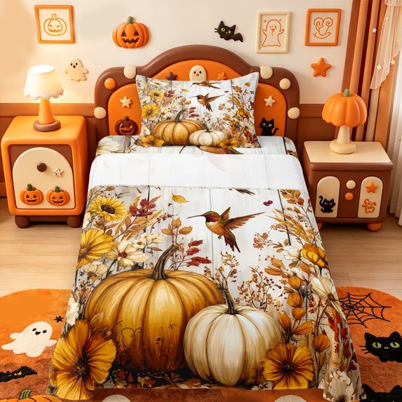Manfei Rustic Brown Hummingbird Twin Sheets,Thanksgiving Pumpkin Print Bedding,3 Pieces,1 Flat Sheet,1 Fitted Sheet and 1 Pillowcase