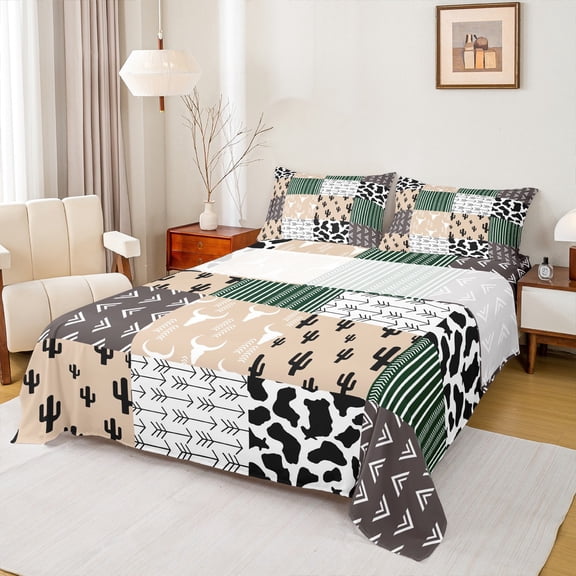 Manfei Rustic Bull Skull Bed Sheets,Western Boho bohemian King Sheets,Cattle Hide Pattern Sheet Set For Boys Kids,Breathable Home Decor,4pcs
