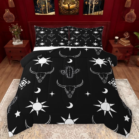 Manfei Rustic Bull Skull Bedding Comforter Set,Desert Plant Cactus Twin Comforter Sets,Sun Moon Pattern Bedding Set For Men Women,Microfiber Bedroom Decor Reversible,2-Piece
