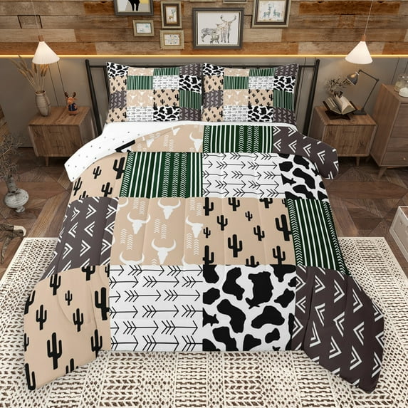 Manfei Rustic Bull Skull Full Size Comforter Sets,Western Boho bohemian Bedding Comforter Set,Cattle Hide Pattern Bedding Sets For Boys Kids,Breathable Home Decor Reversible,3-Piece