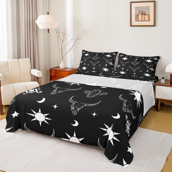 Manfei Rustic Bull Skull Twin Sheet Sets,Desert Plant Cactus Twin Fitted Sheet,Sun Moon Pattern Flat Sheet For Men Women,Microfiber Bedroom Decor,3-Piece