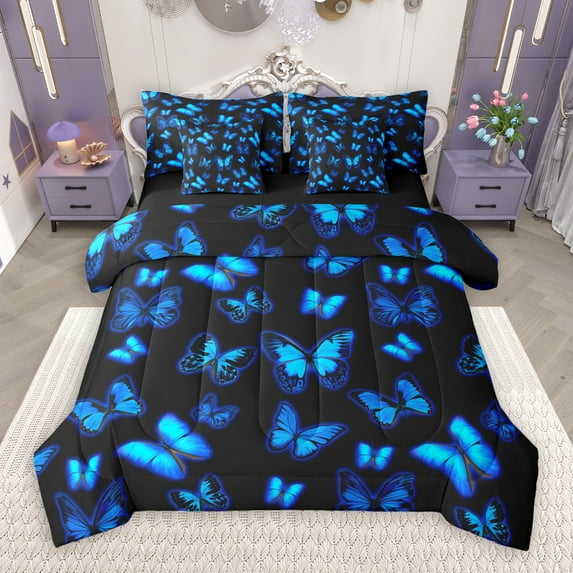 Manfei Rustic Butterfly 7 Pieces Bedding Comforter Set,Country Animal Full Bedding Set,Black Blue Fitted Sheet Flat Sheet For Girl,Luxury Bedroom Decor Reversible