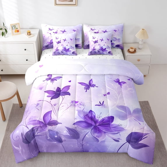 Manfei Rustic Butterfly 7pcs Bedding Comforter Set,Country Natural Theme Queen Bedding Sets,Purple Flower Queen Sheet Sets For Girl,Luxury Bedroom Decor Reversible