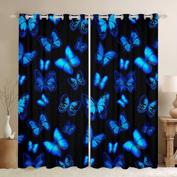 Manfei Rustic Butterfly Black Out Curtains,Country Animal Curtains Pack of 2 (42x63 Each),Black Blue Bedroom Curtains For Girl,Luxury Bedroom Decor