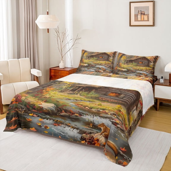 Manfei Rustic Cabin 4 Pieces Queen Sheet Sets for Teens Adults,Autumn Fall Cottage Ultra Soft Flat Sheet,Jungle Animal Squirrel Queen Fitted Sheet,Super Cozy Room Decor